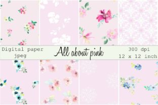 All About Pink Digital Paper and Digital Paper Design: Hand Painted Watercolor Flowers and Decorative Elements